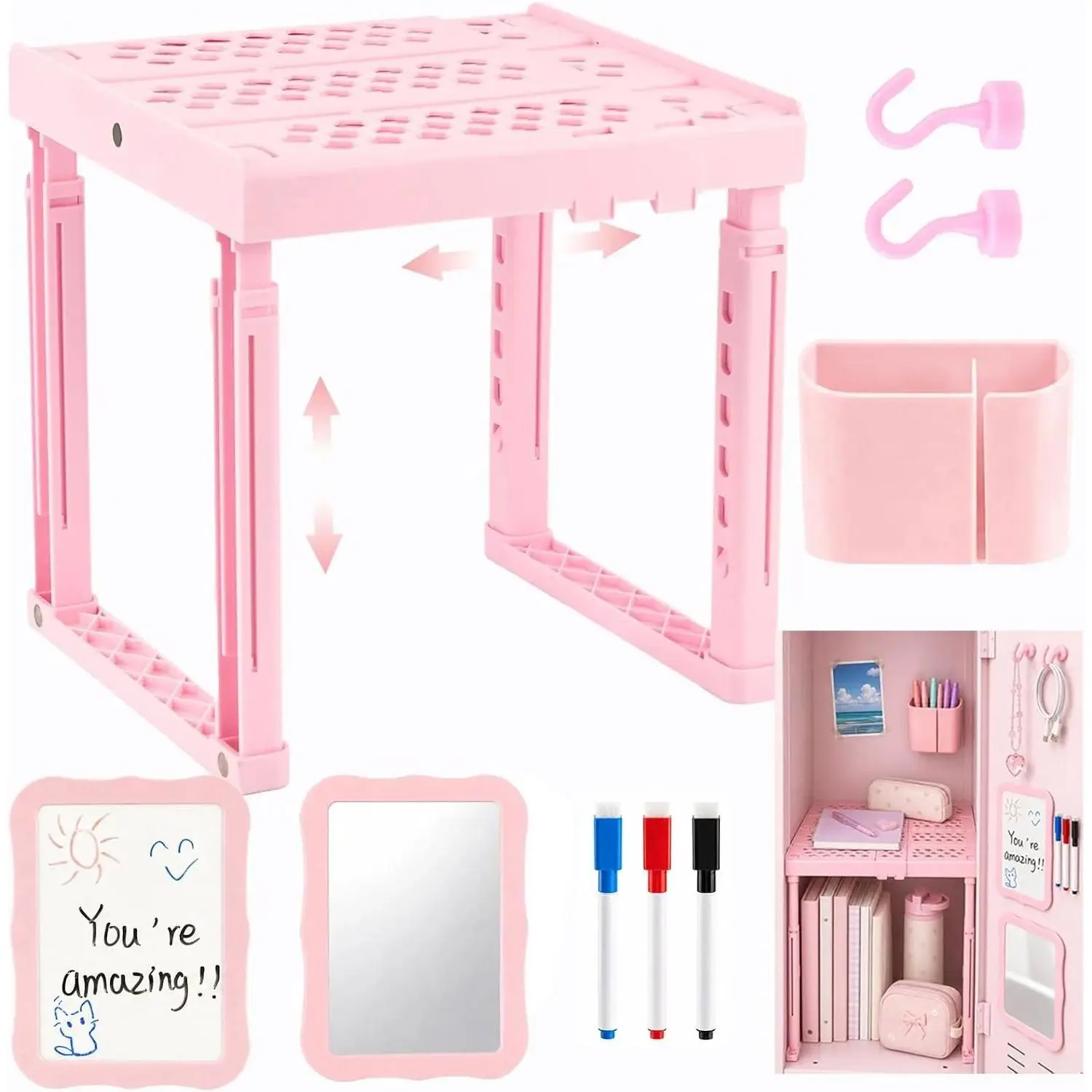 9PCS Locker Accessories for Girl, Locker Organizer, Adjustable Locker Shelf | Sturdy Locker Shelf, Magnetic Whiteboard, Mirror, Pen Holder, Hooks & 3 Markers, Back to School Essentials Locker Decor