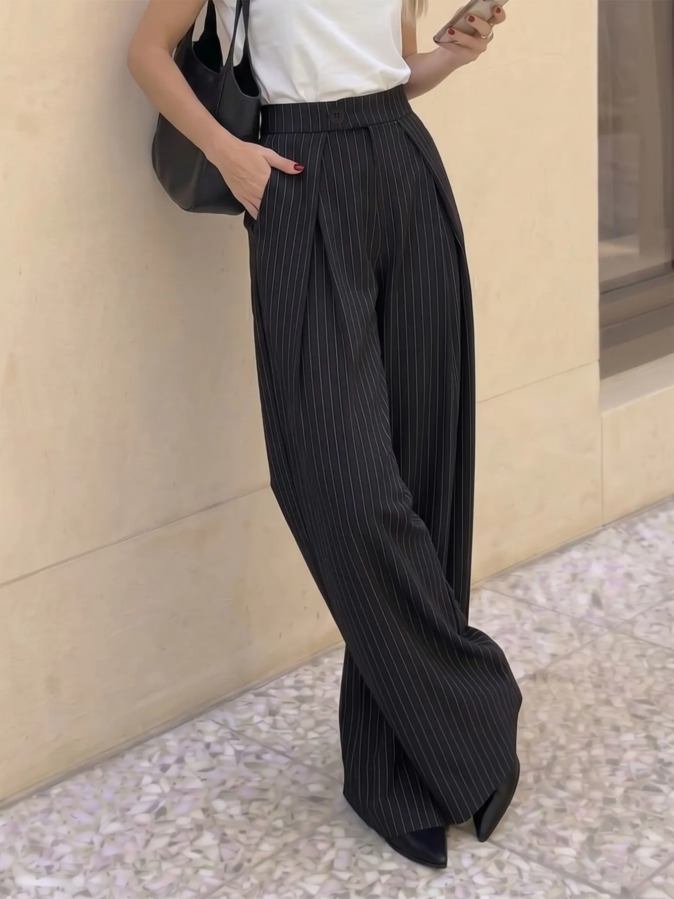 Women's Striped Pleated Straight Leg Pants, Business Casual, Leisure Streetwear, Floral Ruffle Hem, Office Daily Travel Airport Wear, All Seasons