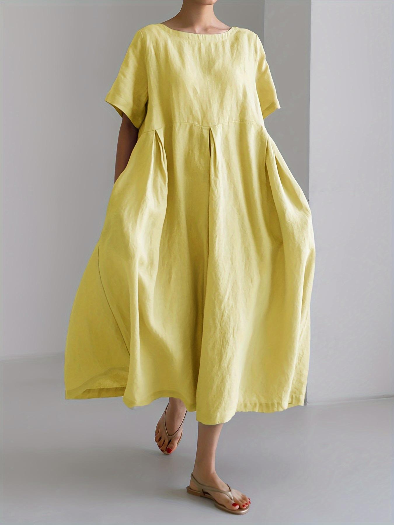 Plus Size Solid Color Loose Dress, Casual Pocket Short Sleeve Crew Neck Long Length Dress For Spring & Summer, Women's Plus Size Clothing Plus Size Solid Color Loose Dress, Casual Pocket Short Sleeve Crew Neck Long Length Dress For Spring & Summer, Women's Plus Size Clothing