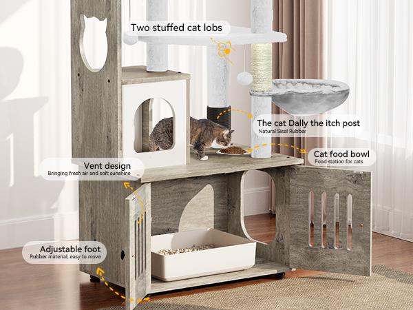 DWVO Cat Tree with Litter Box Enclosure, 2-in-1 Cat Furniture, Modern Cat Condo, Indoor Cat Tower with Wood House, Perch, Food Station, Hammocks, Scratch Post, Hair Brush, 59 Inch