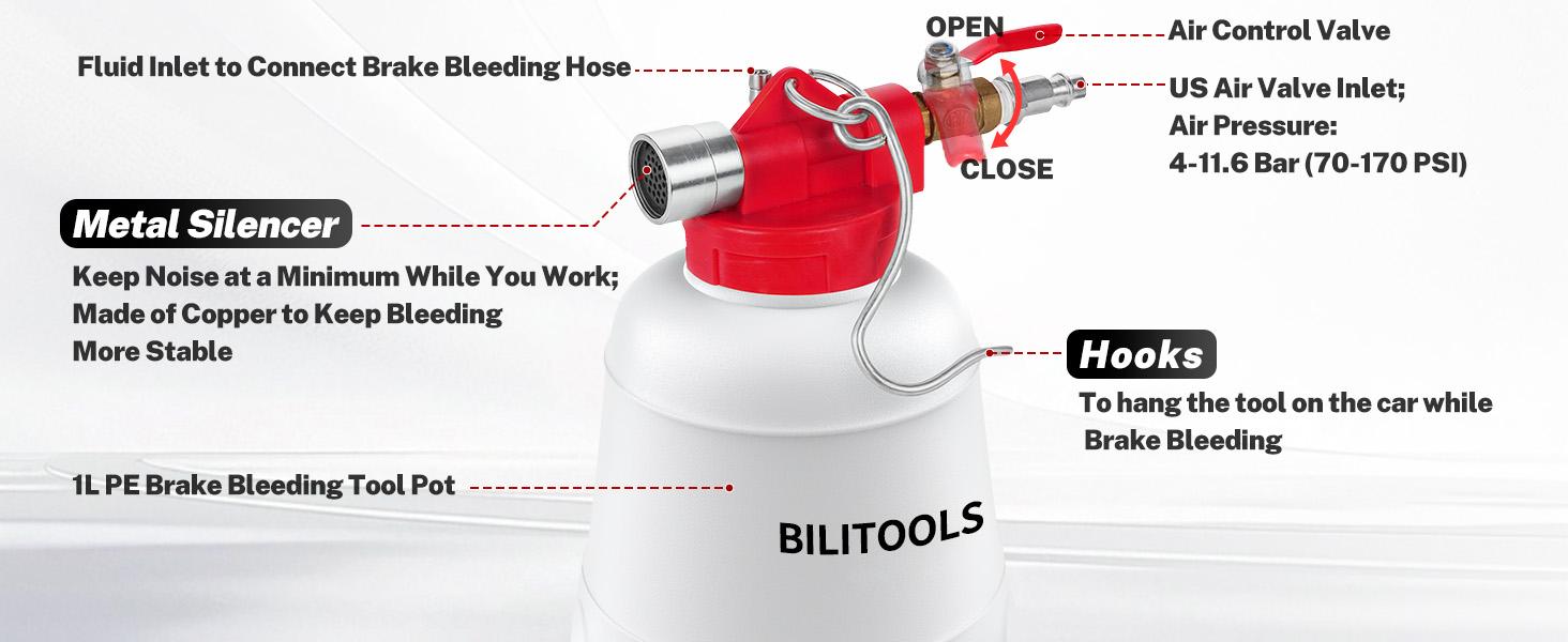 1L Brake Bleeder Vacuum Pump Kit Air Compressor, Universal One Person Pneumatic Brake System Clutch Fluid Bleeding Extractor Tool with Adapters
