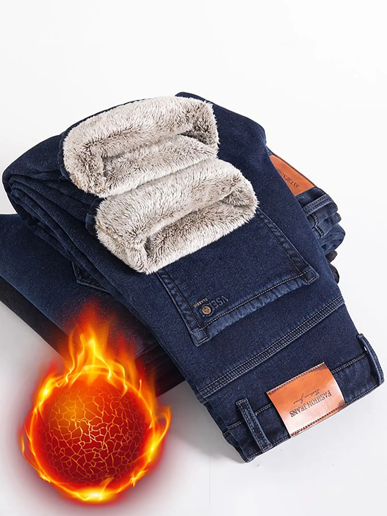 Men's Fleece Lined Thick Jeans, Slim Fit Straight Leg Long Pants, New Cotton Elastic Winter Fall Warmth, Street Style, Streetwear