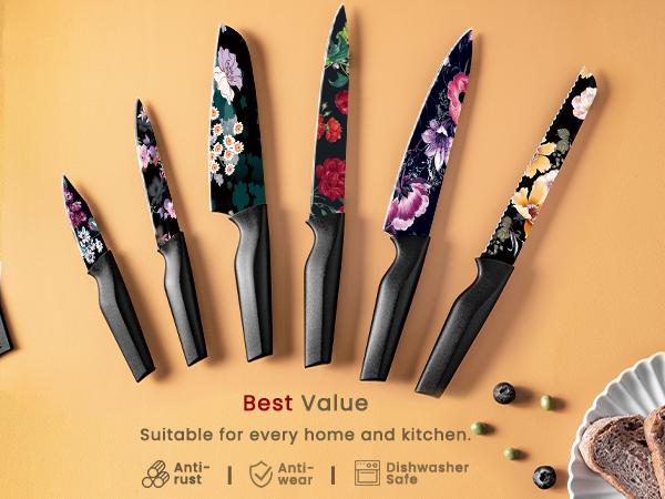 Astercook 6-Piece Floral Knife Set, Scratch-Resistant Food-Grade Print, German High Carbon Stainless Steel, 6 Knife Covers, Dishwasher Safe. Kitchen Astercook 6-Piece Floral Knife Set, Scratch-Resistant Food-Grade Print, German High Carbon Stainless Steel, 6 Knife Covers, Dishwasher Safe. Kitchen