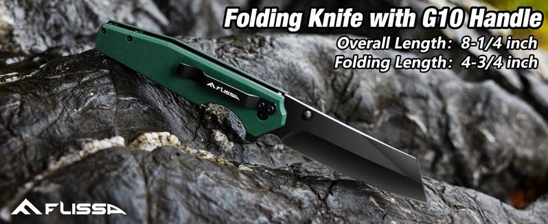 #JumpstartSale FLISSA Folding Knife, 4-3/4" Reverse Tanto Folding Pocket Knife, Black Stonewash Blade, G10 Handle, for Hunting, Survival, Camping and Outdoor Activities, Great Gifts for Dad, Husband, Friend