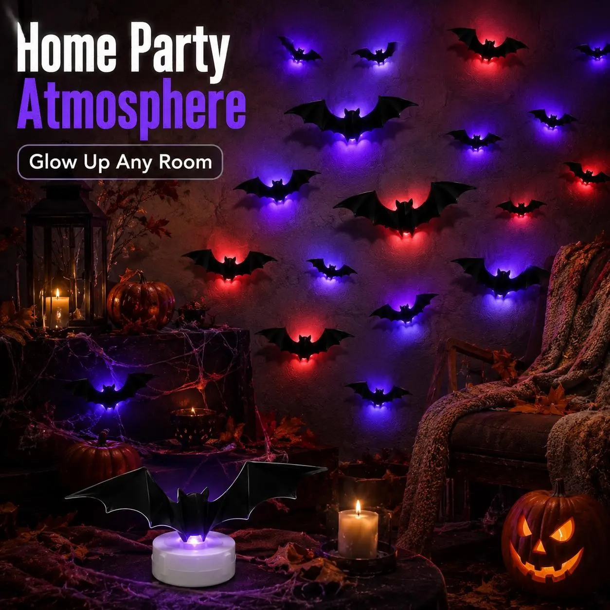 3D PVC Bats & Spiders Flashing Light Decorative Wall Stickers - LED Indoor Recreation Decor for Homes, Shops to Create Festive Atmosphere