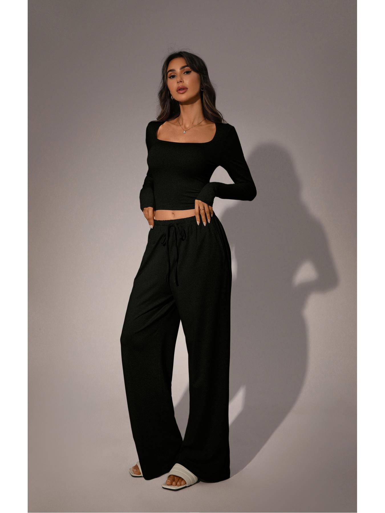 Women's Long Sleeve Square Neck Loungewear Set, Casual Loose Fit Home Wear, All Seasons Comfortable Fabric, 2026 New Arrival