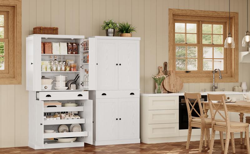 【2 Packages Shipping】IRONCK Kitchen Pantry Cabinet 72" Height, Freestanding Cupboard with Drawer, Sliding Storage Rack, and 6 Hanging Shelves for Dining Room, Laundry