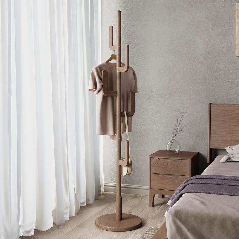 【Summer】Solid Wood Cactus Coat Rack Freestanding, Adjustable Height Wooden Coat Rack Stand with 6 Hooks, Unique Design Coat Tree for Entryway, Bedroom,Coats,Bags