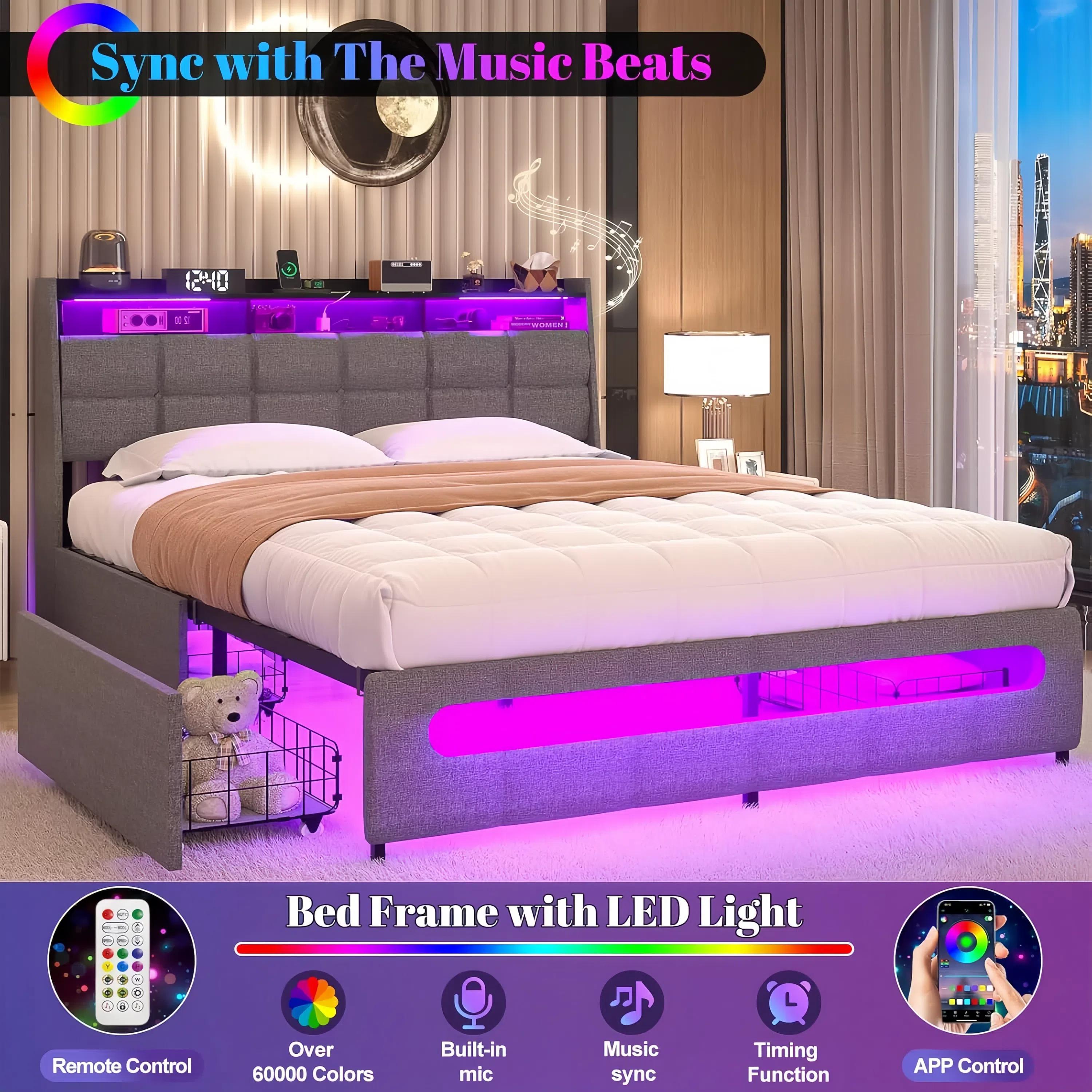 Bed Frame with 4 Storage Drawers, LED Lights, Upholstered Leather Headboard, Strong Wooden Slats, Adjustable Headboard with Smart Control  LEDs
