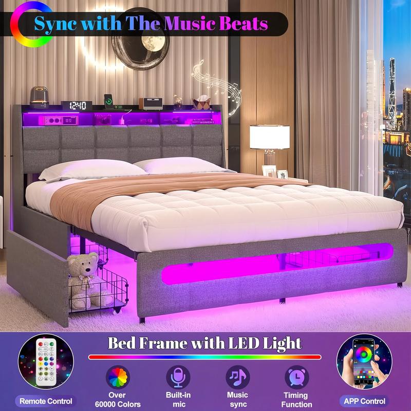 Bed Frame with 4 Storage Drawers, LED Lights, Upholstered Leather Headboard, Strong Wooden Slats, Adjustable Headboard with Smart Control  LEDs
