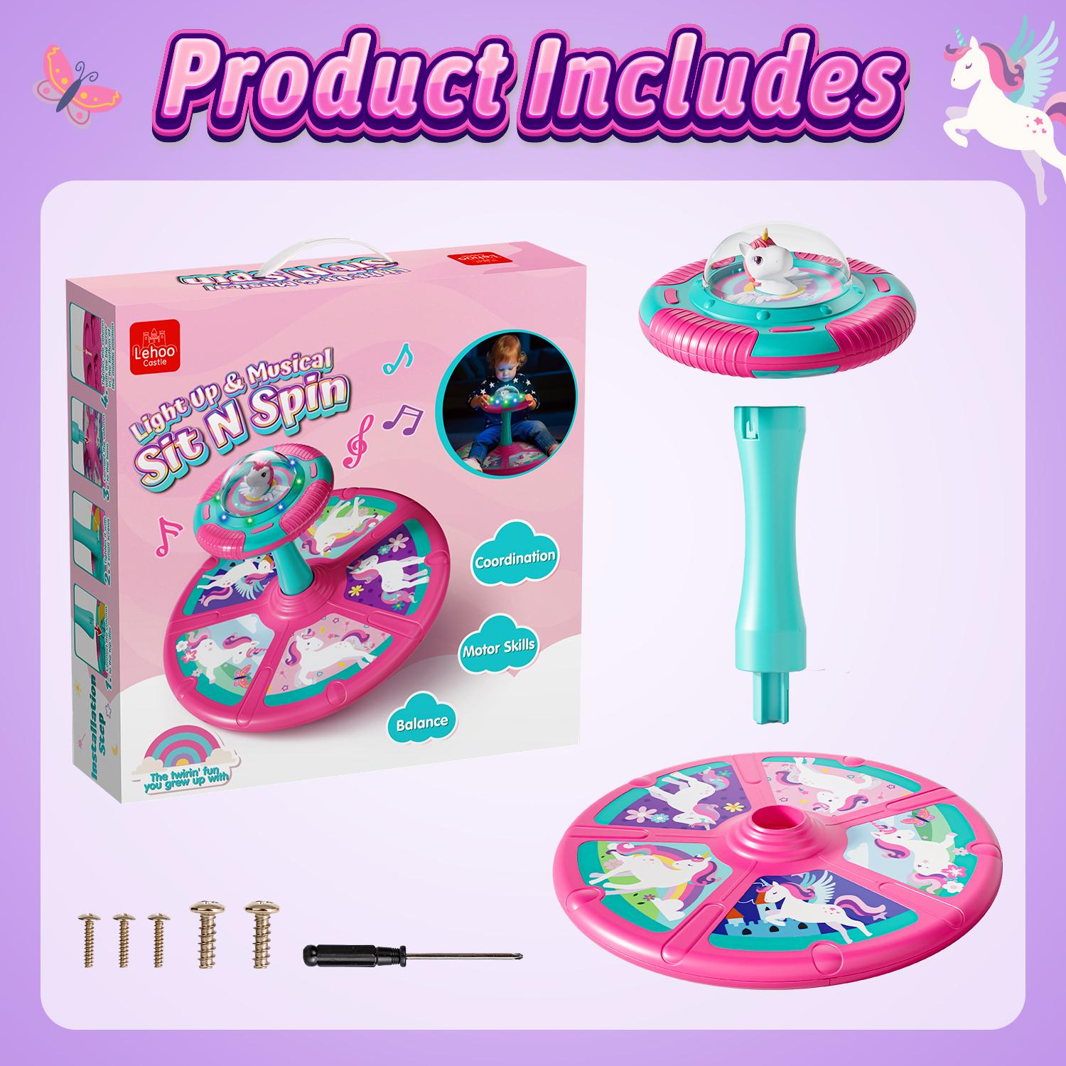 Lehoo Castle Unicorn Sit and Spin Toys, Children's Stress Reduction Toys, Sitting Spinning, Birthday Gift for Kids with LED Lights and Music, 360° Spin