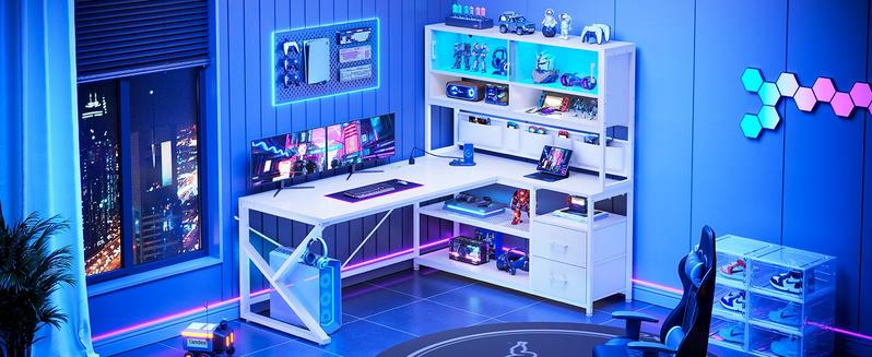 SEDETA LED L-Shaped Gaming Desk with Storage for Home Office Game Table with LED Lights, Glass Cabinet Furniture Shelves Modern Organizer，Large Computer Gaming PC Desk, Writing Table Study Desk for Bedroom, Study, Office