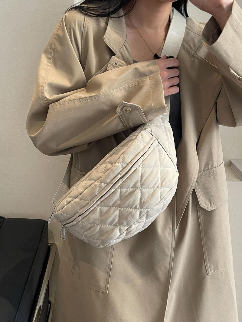 Women's Solid Color Quilted Fanny Pack, Fashionable Argyle Embossed Zipper Chest Bag for Daily Used, Casual Trendy Versatile High-quality Daily Commuting Bag