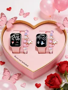 4pcs Casual Fashion Silicone Square LED Electronic Wristwatch & Unicorn Beaded Bracelet, Heart Decoration, Perfect Gift for All Seasons