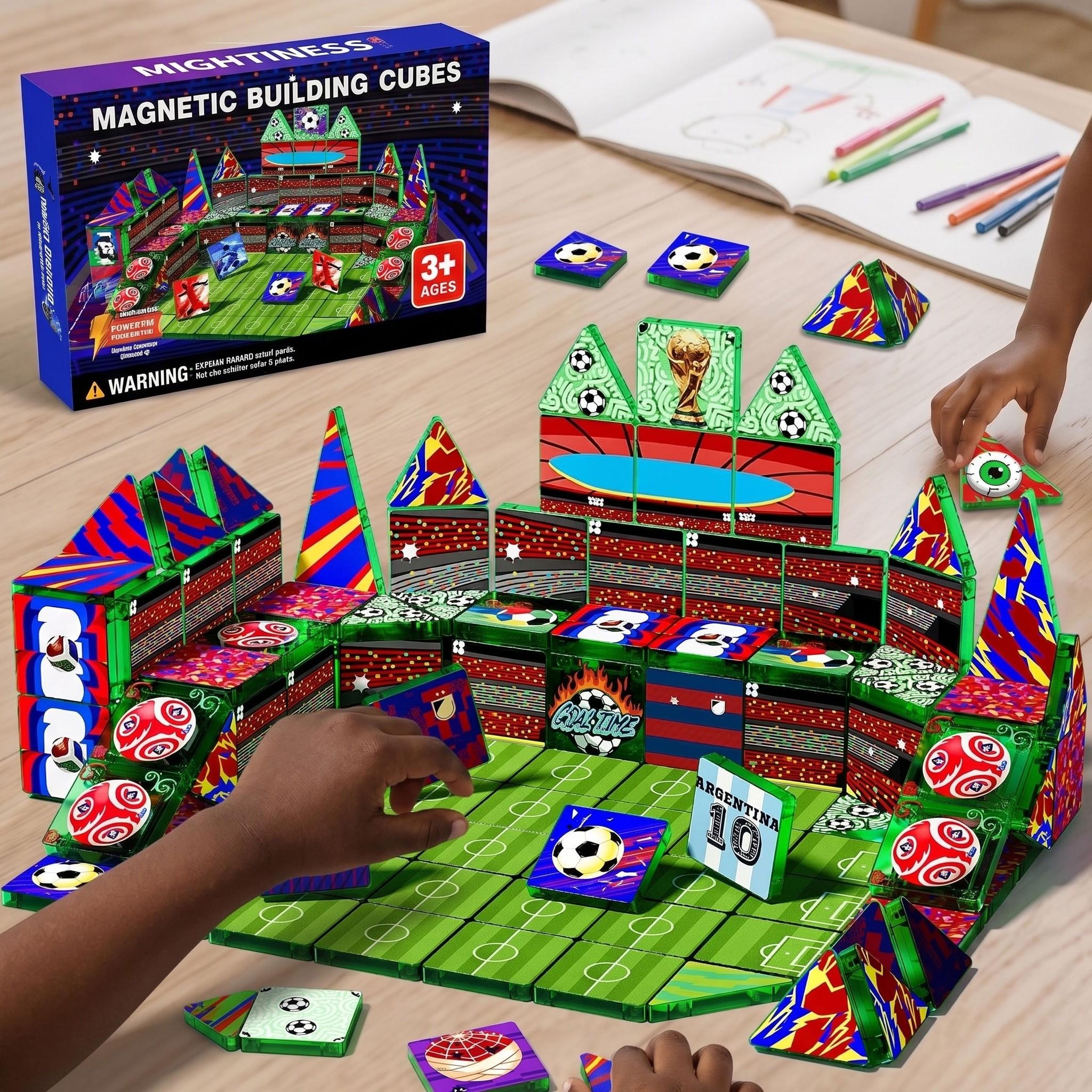 Magnetic Tiles Set 52/60 Mini Pcs | Soccer Theme, Strong Grip, Impact/Crack Resistant, Light-Through | Field: Logic, Spatial, Hand-Eye, Teamwork | Eco ABS Rounded, Choking-Safe | Birthday Gift Ages 3-6 Boys Girls