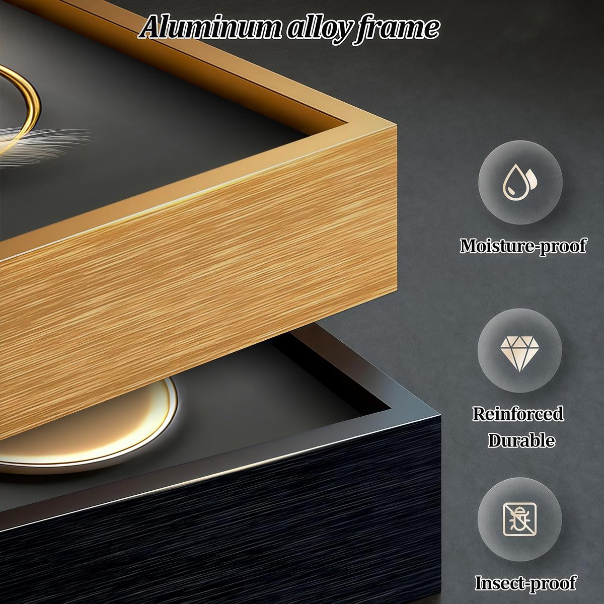 3 Counts Aluminum Alloy Framed Painting, Modern Abstract Geometric Gold And Feather Art Pictures, Home Decoration For Living Room, Bedroom, Office, Restaurant, Hallway Wall Decor, Odorless Print Artwork, Luxury Perfect Gift For Friends And Family