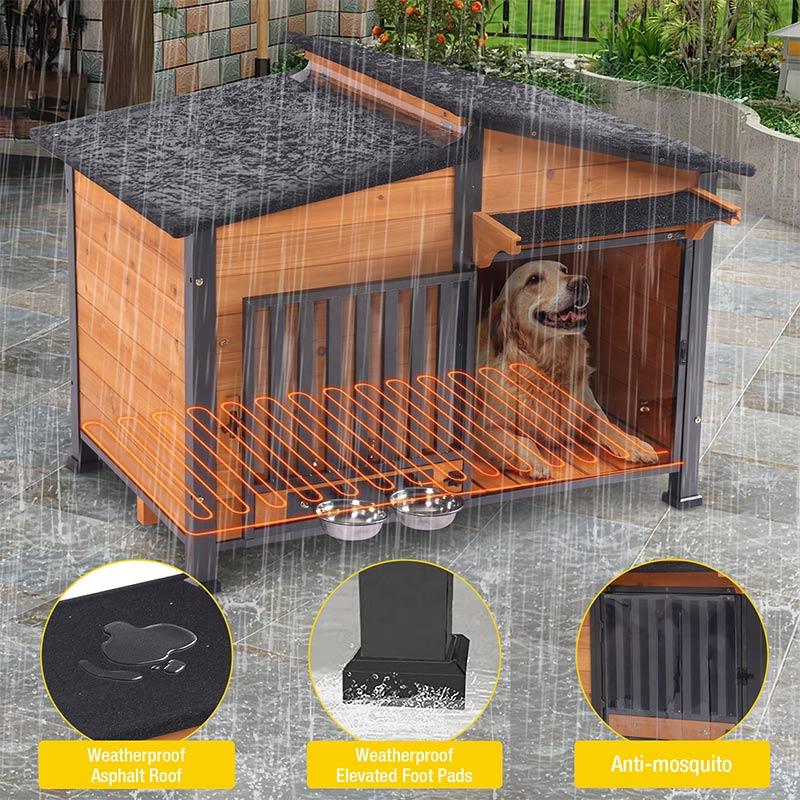 Aivituvin-AIR7021-IN-HP Heated Insulated Metal Frame Wooden Dog House Outdoor Dog Kennel with Removable Liner & Heating Pad for Year Round Comfort Winter Animal