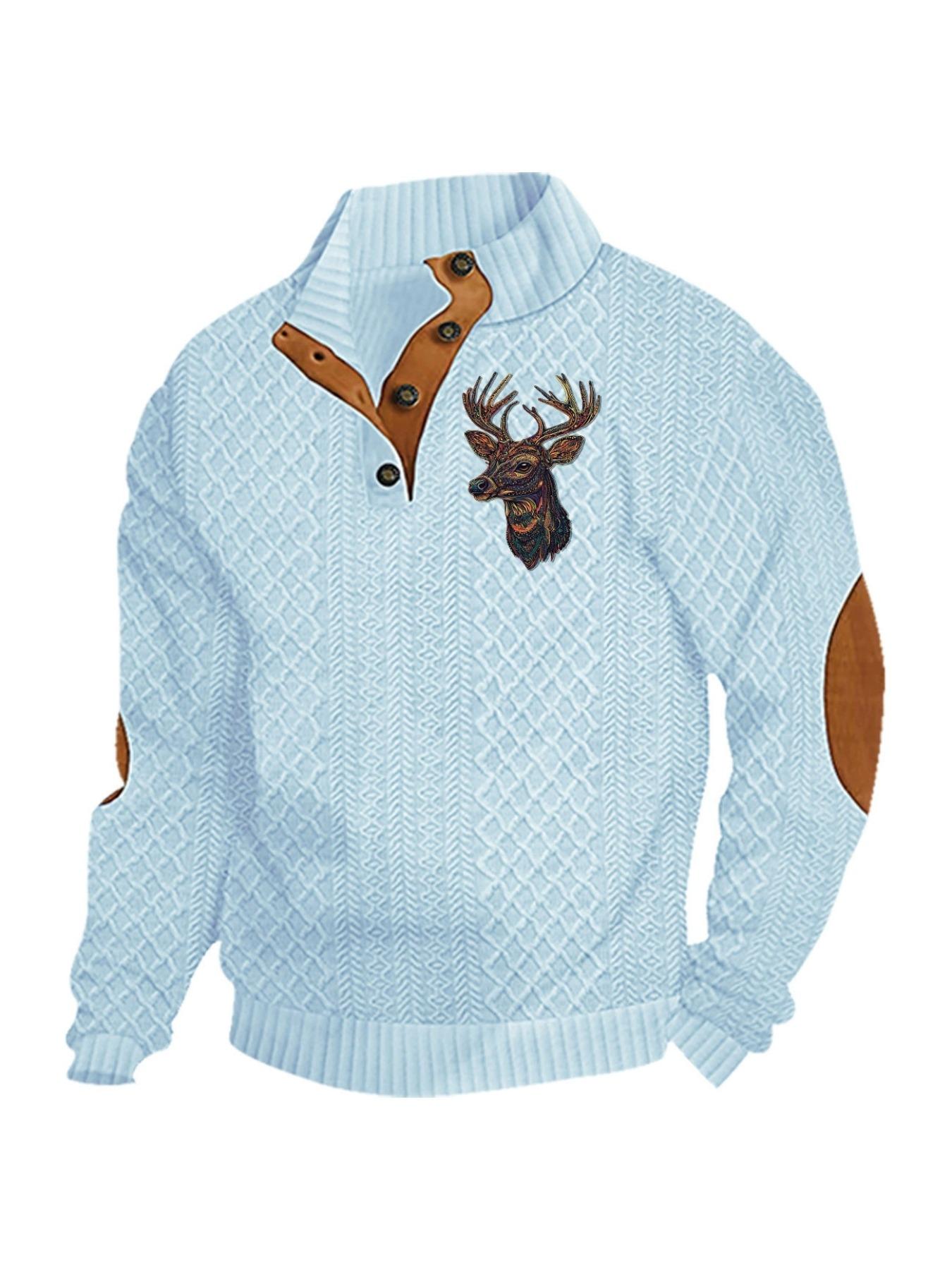 Men's Reindeer Print Patchwork Contrast Trim Jacquard Sweatshirt, Regular Fit Casual Comfy Long Sleeve Half Button Front Stand Collar Pullover for Spring & Fall, Fashion Men's Top for Daily Wear