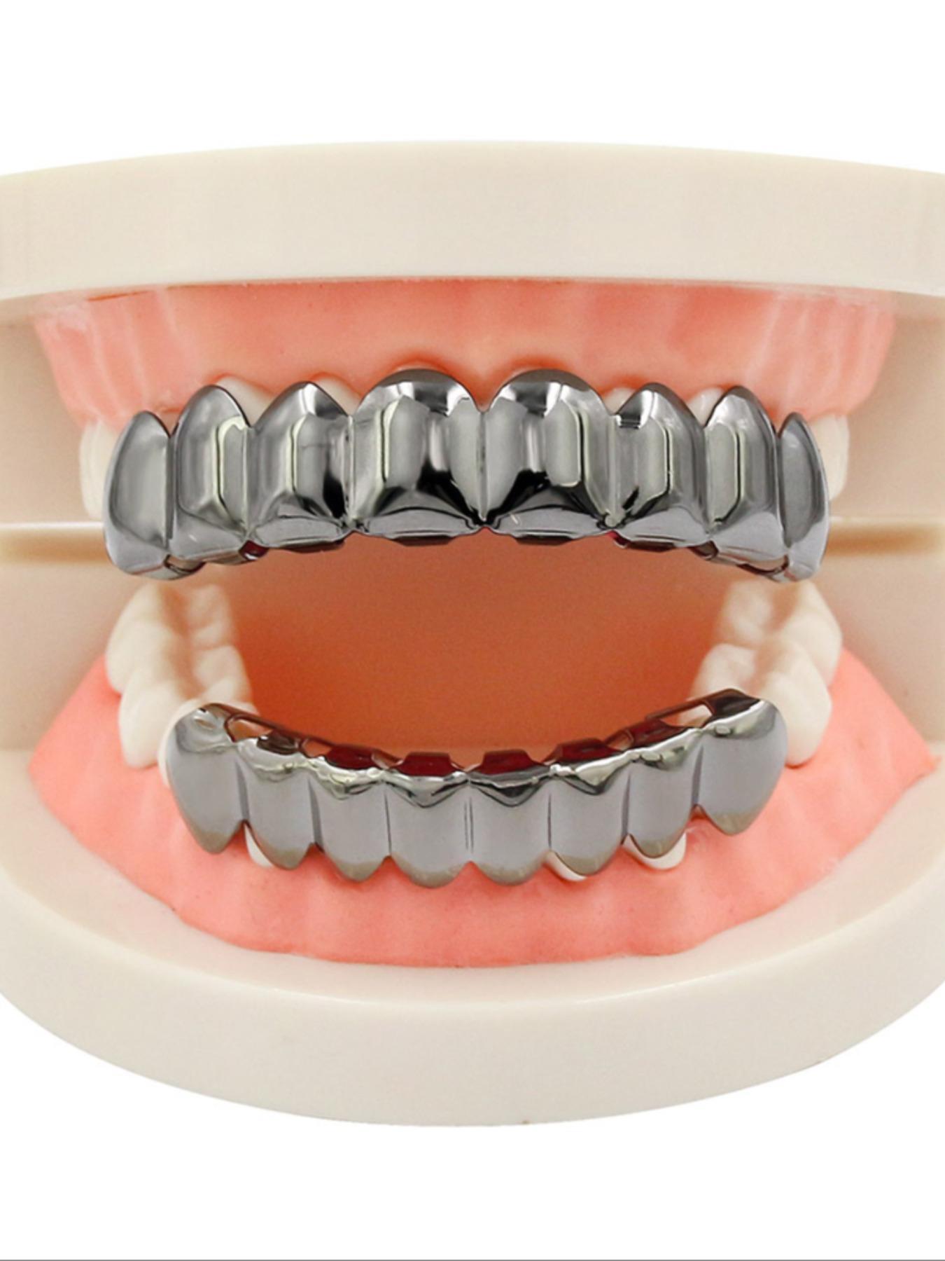 Two-Piece Full Mouth Polished Silver Gold Eight-Tooth Grillz, 14k Gold Plated Copper, Hip-Hop Style, Party, Music Festival, Gift