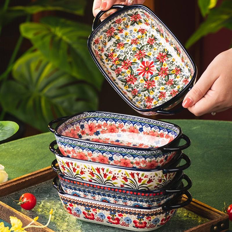 730ML Floral Ceramic Baking Dish, Rectangular Serving Dish with Handles, Ideal for Rice, Salad & Cheese, Elegant Kitchen Essential