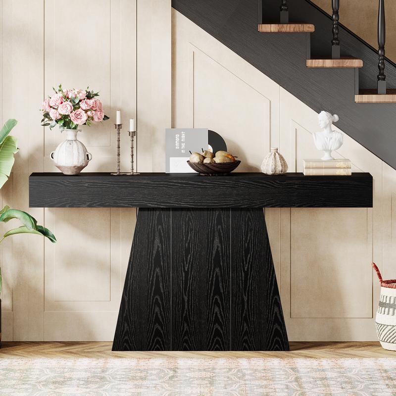 LITTLE TREE 63" Black Console Table, Farmhouse Entryway Table with Trapezoidal Base, Narrow Long Sofa Table Behind Couch Table for Entrance, Hallway, Living Room