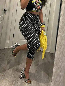 Women's High Waist Polka Dot Print Tight Fit Elastic Bottom Seven-Quarter Casual Pants, European and American Style Summer and Spring Clothing