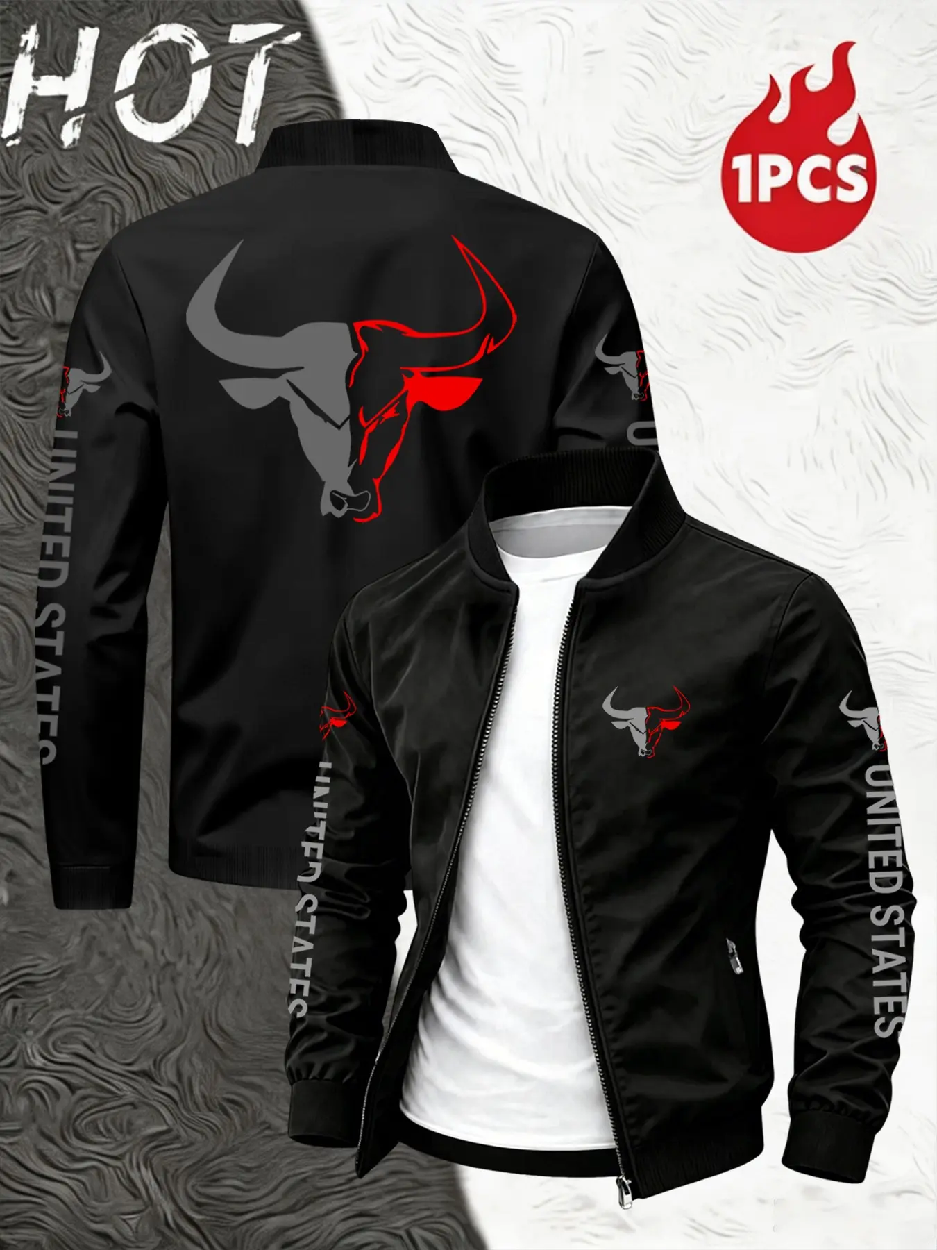 Men's Stand Collar Zipper Sport Jacket, Casual Sports Jacket, Bull Skull Print, Outdoor Cycling Hiking Fitness, Windproof Casual Outerwear for Spring Fall