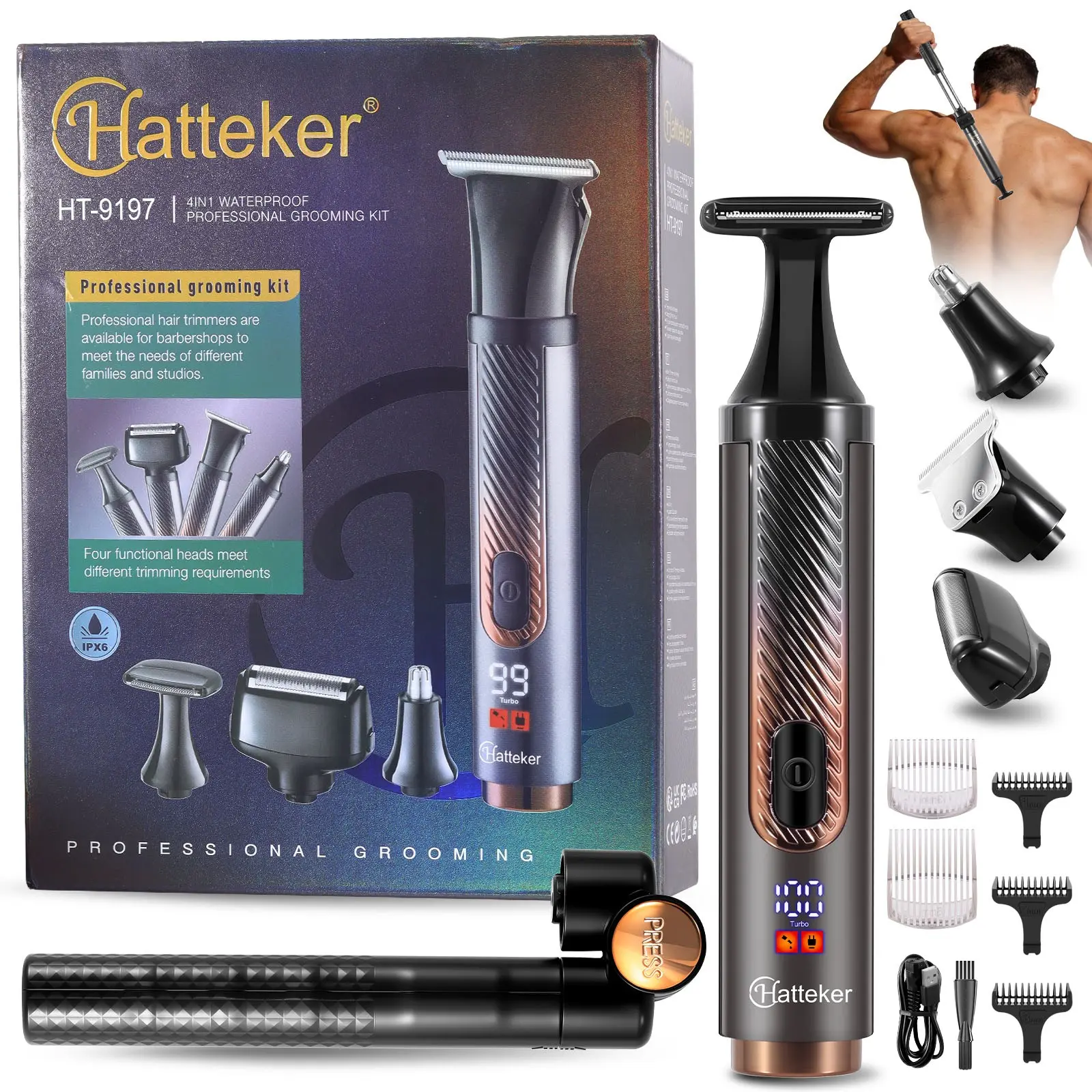 Hatteker Elecric Shaver Mens Back Hair Shaver 4 in 1 Kit Body Trimmer Facial,Arm,Chin, Beard Hair Trimmer Cordless with Extension Handle