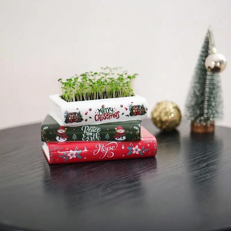 Bohemian Style Ceramic Vase, Christmas Book Stack Design, Ideal for Succulents & Hydroponics, Home Decor, Wedding, Holiday Gift