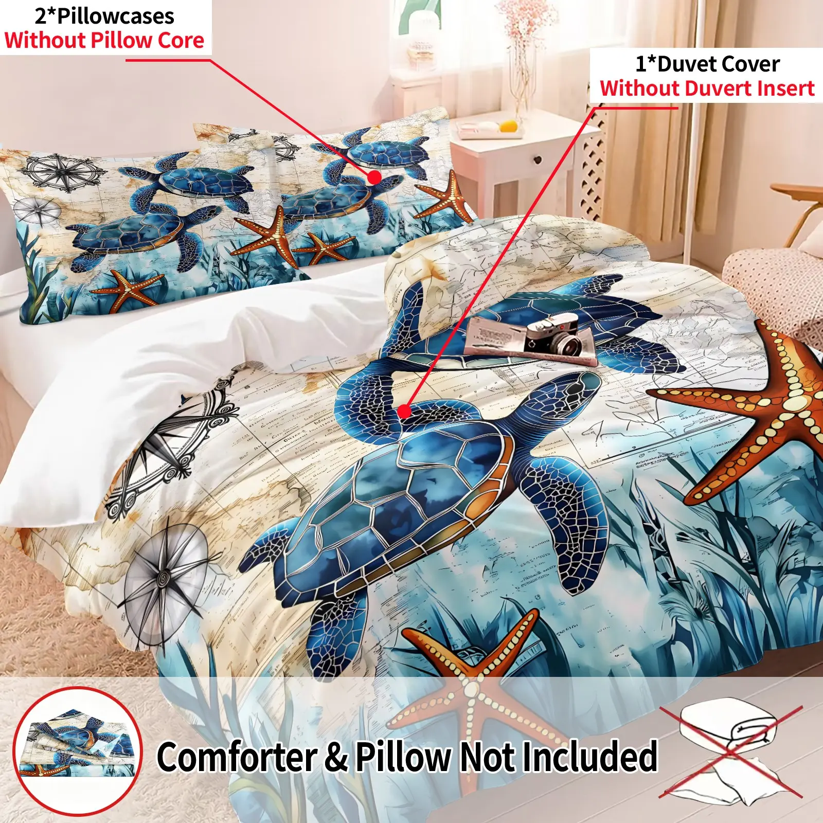 Vintage Nautical Sea Turtle Print Duvet Cover Set, 1 Duvet Cover + 2 Pillowcases, No Filler, Ocean Compass Starfish Bedding Set, Soft Microfiber HD Digital Print, Coastal Bedroom Decor, Gift for Ocean & Beach Lovers, Comfy Bed Cover