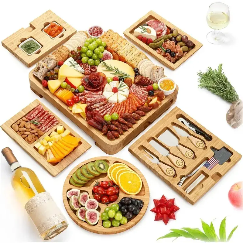 Yes4Quality Large Size Bamboo Charcuterie Board Gift Set - 15-Piece Deluxe or 23-Piece Premium Set with Juice Groove, Fruit Tray, Cheese Knives, Ceramic Bowls, Wine Opener, Organized Layout Utensil Drawer, Dishwasher-Safe Tableware, Adult Kitchen Decor, R