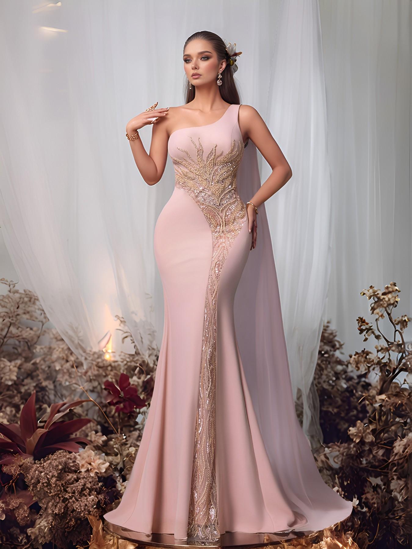 Elegant One-Shoulder Mermaid Dress with Sequins, Formal Evening Gown, Party Dress, Wedding Guest Dress, Slim Fit Long Dress, Evening Party Dresses