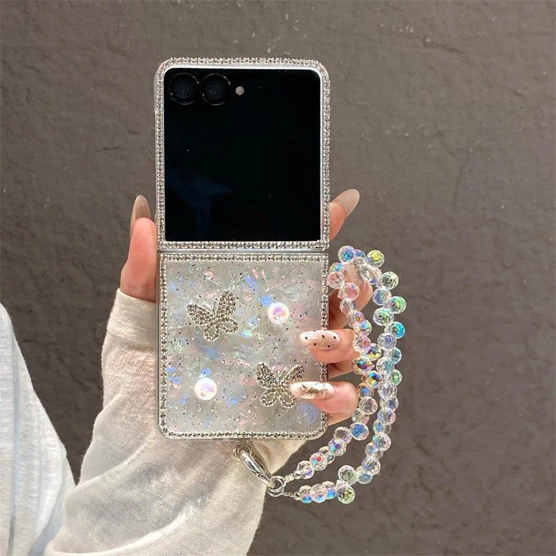 Luxury 3D Butterfly Diamond Shell Pattern Phone Case For Samsung Galaxy Z Flip 3 4 5 6 7 FE With Wrist Chain Shockproof Cover