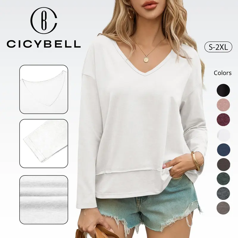 Cicy Bell Womens Long Sleeve T Shirts V Neck Casual Flowy Tops Fall Fashion Loose Fit Basic Tees