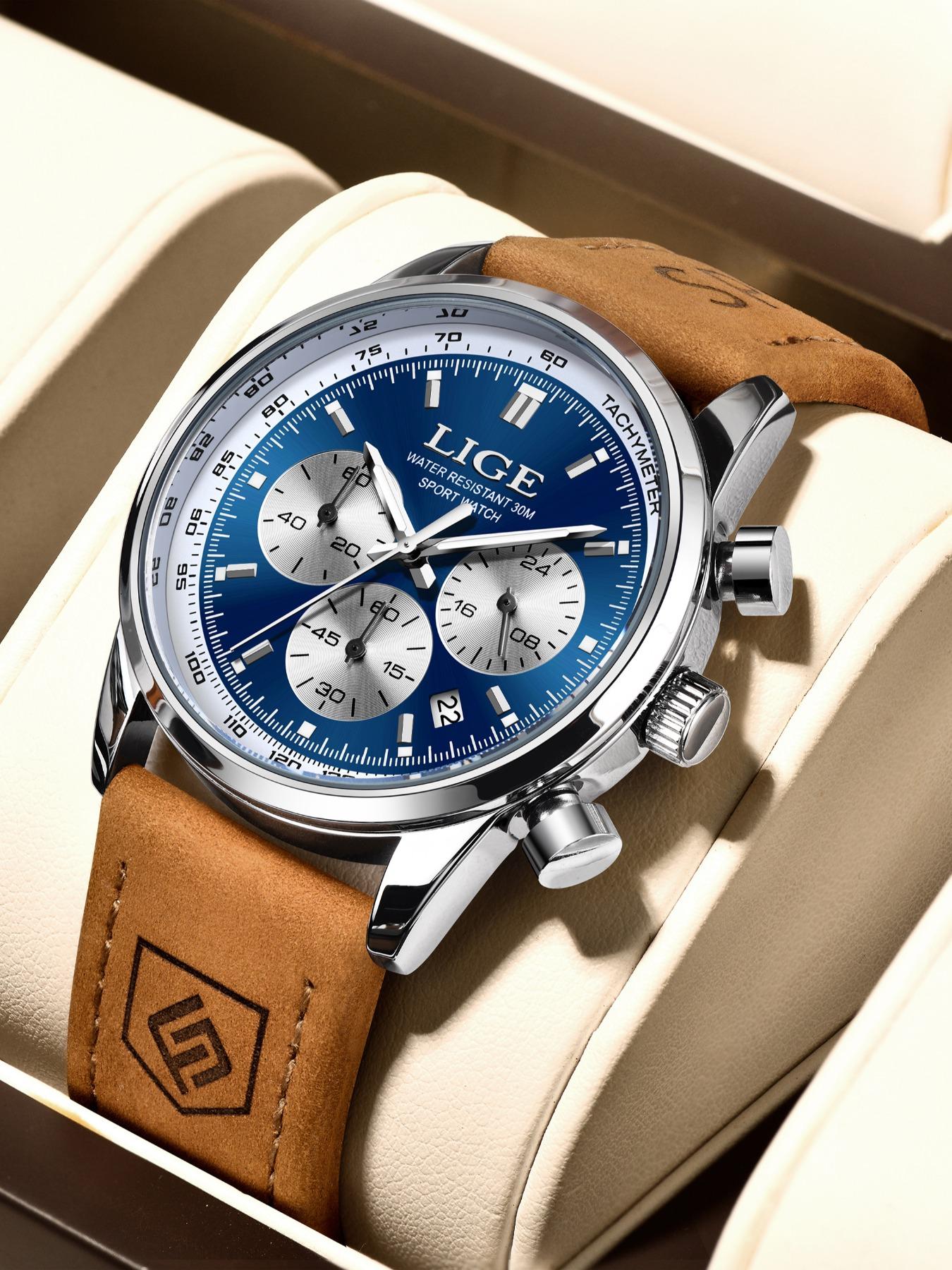 Lige Casual Gentleman Fashion Waterproof Luminous Calendar Chronograph Quartz Watch, Multiple Colors, Perfect Gift, Silver Color