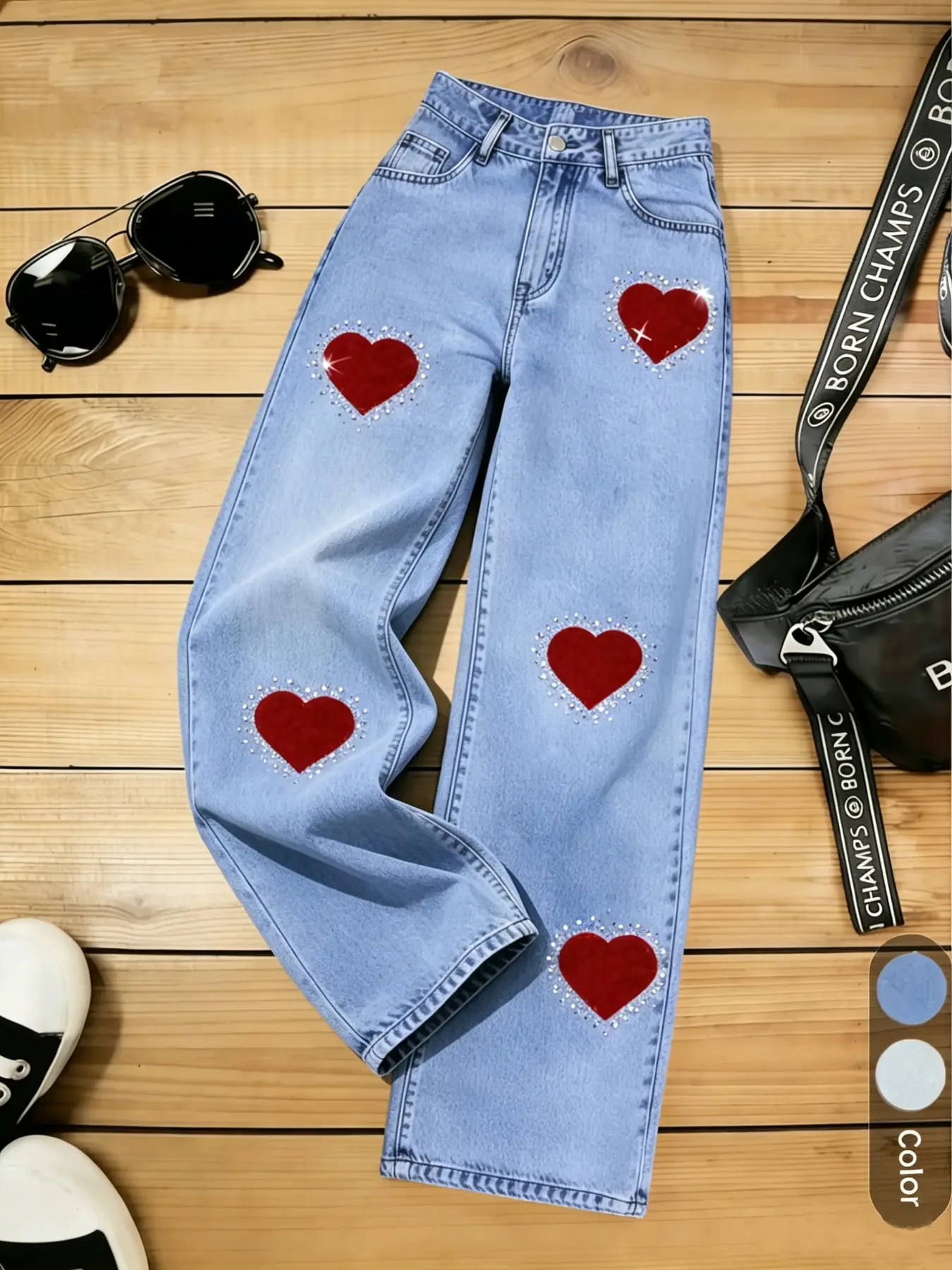 Women's Valentine's Day Themed Wide-Leg Pants with Button, Baggy Fit Denim Jeans with Heart Embellished and Rhinestone Design, Casual Streetwear for Daily Wear and Dates, Bottoms