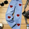 Women's Valentine's Day Themed Wide-Leg Pants with Button Fit Jeans with Heart Embellished and Rhinestone Design, Casual Streetwear for Daily Wear and Dates, Bottoms, Sparkly Denim Pants