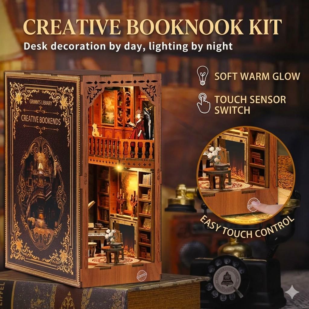 Grimm's Library DIY Book Nook Kit - 3D Wooden Miniature Bookshelf Insert, Vintage Cabin Diorama Bookend, Home Decor Ornament