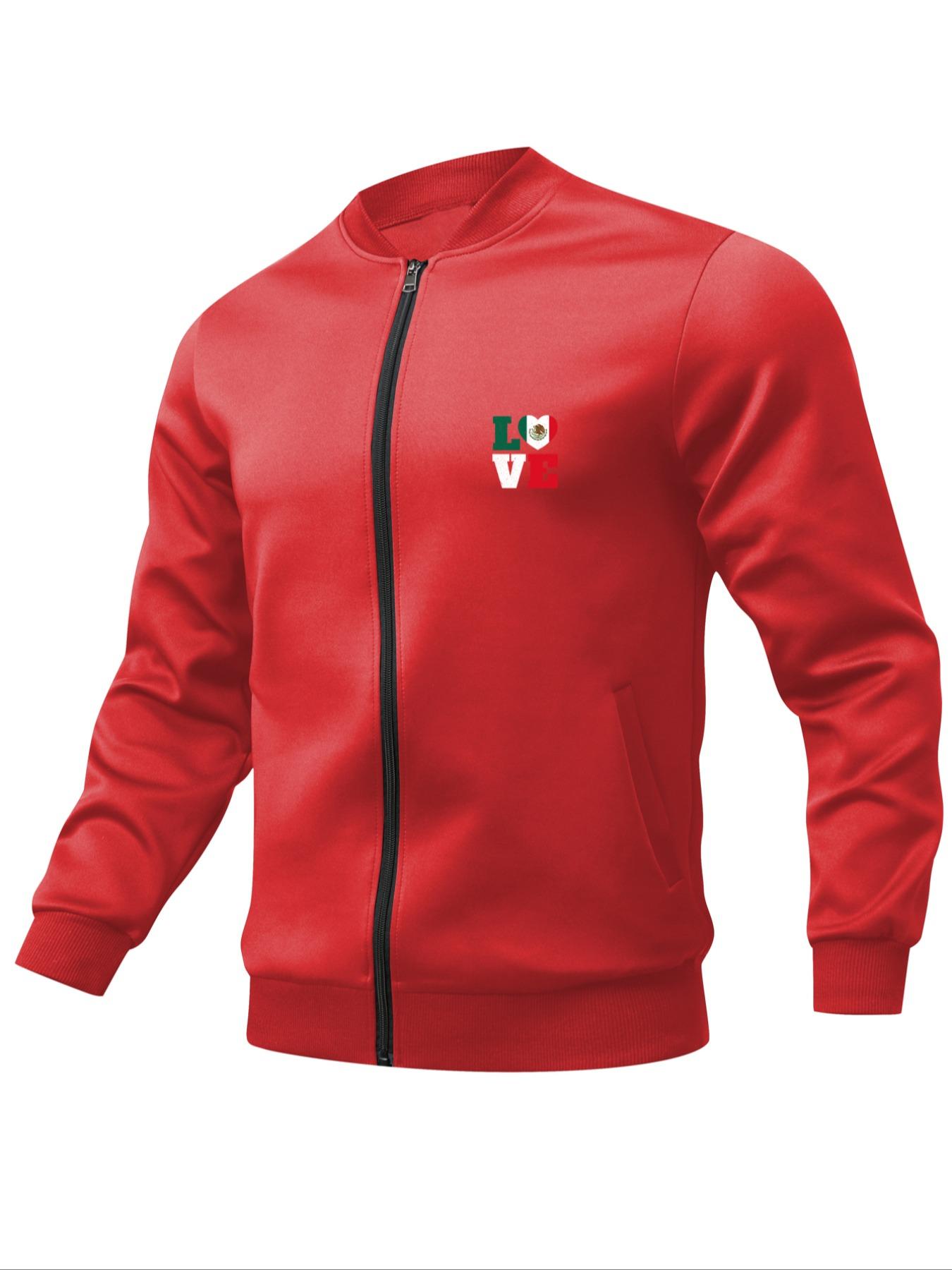 Men's Mexico Flag & Heart Print Zip Up Baseball Collar Jacket, Regular Fit Casual Long Sleeve Pocket Outerwear for Daily Wear, Fashion Men's Clothes for All Seasons