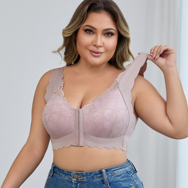 SERACAL 1 Piece Women's Plus Size Floral Lace Front Buckle Wireless Push Up Bra Thin Three Quarter Cup Underwear for Daily Wear