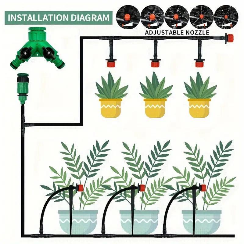 Automatic Drip Irrigation Kit, Micro Drip Irrigation System, Adjustable Drippers, Universal Thread Connectors, No Power Required