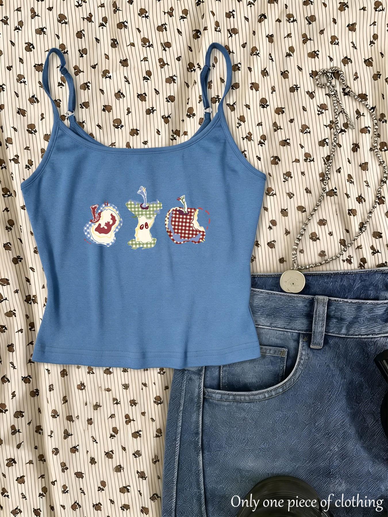 Y2K Style Apple Print Crop Top, Adjustable Shoulder Straps, Slim Fit Sleeveless Shirt, Streetwear Trendy Women's Clothing, Spring Summer New Arrival