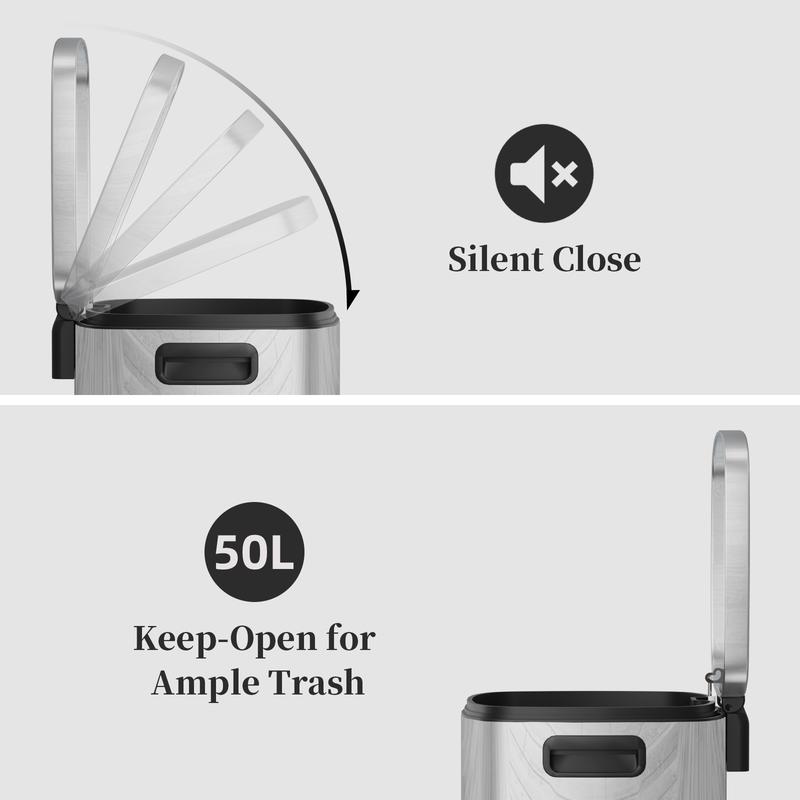 KSSKSS Tall Kitchen Trash Can 13 Gallon 50L Step Garbage Bin with Lid Stainless Steel Removable Inner Bucket Soft Close Ideal for Home Office