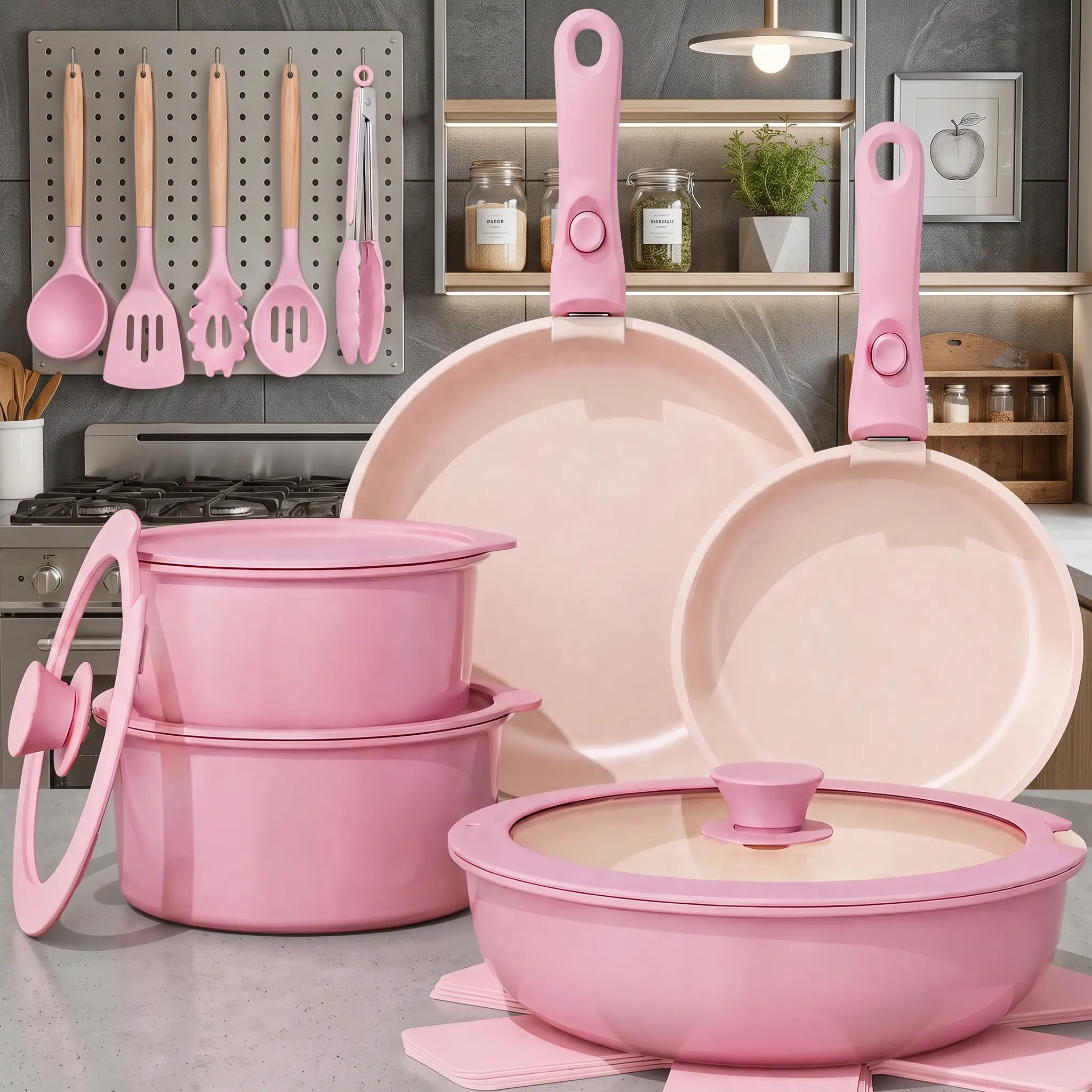 21/19PCS Detachable Handle Nonstick Cookware Set, Stackable Space-Saving Aluminum Pots & Pans, Oven & Dishwasher Safe for RV and Home Kitchen