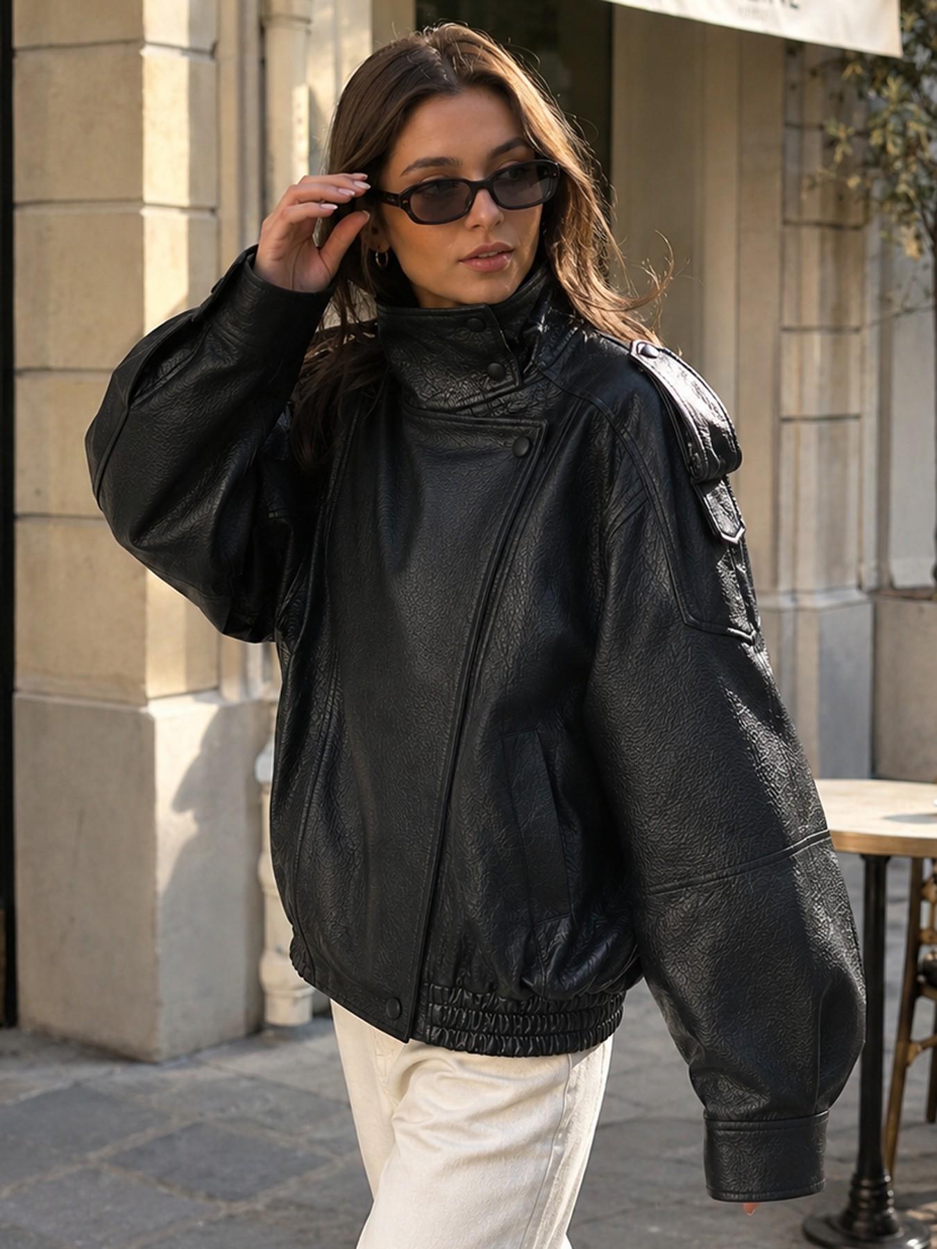 Bomb Jacket Black Faux Leather Jacket Stand Collar Oversized Moto Biker Jacket Elastic Hem Streetwear Casual Long Sleeve Waterproof Windproof Fashion Casual Outerwear for Spring & Fall, Ladies Clothes for Daily Wear Bomb Jacket Black Faux Leather Jacket Stand Collar Oversized Moto Biker Jacket Elastic Hem Streetwear Casual Long Sleeve Waterproof Windproof Fashion Casual Outerwear for Spring & Fall, Ladies Clothes for Daily Wear