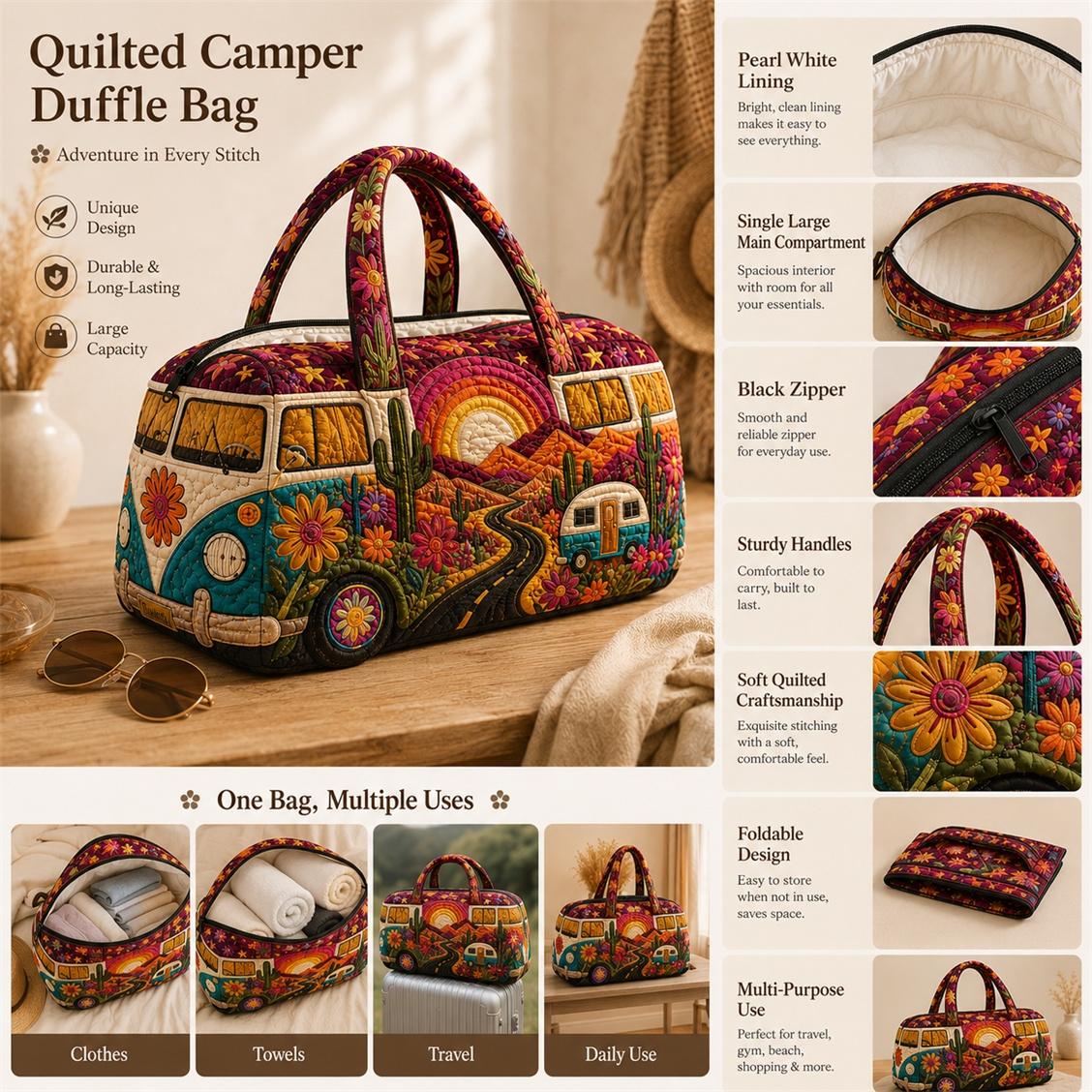 Retro Hippie Van Quilted Duffel Bag for Women, Desert Road Trip Weekender Travel Bag, Large Capacity Overnight Carry On Tote, Boho Floral Camping Gym Bag for Vacation, Travel & Weekend Getaways