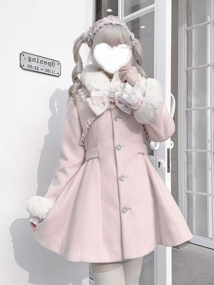 Winter Design Fashion Elegant Pink Slim Woolen Cloth Coat Women Kawaii Sweet Warm Fur Collar Bow Lace Patchwork Casual Overcoat