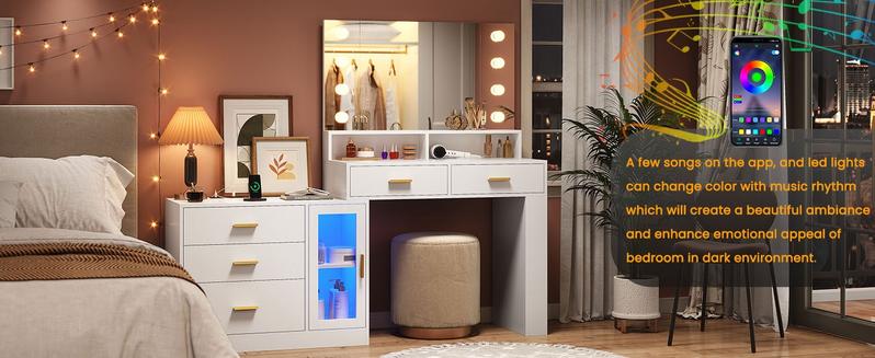 Sikaic LED Makeup Vanity Dresser With Mirror And Charging Station & 5 Drawers Cabinet Storage Furniture Bedroom Aesthetic Modern