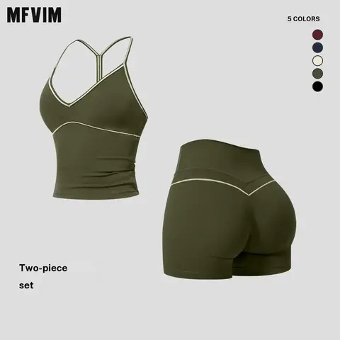 MFVIM Women's 2-Piece V-Neck Yoga Set - Color-Blocked Trim, Y-Back Long Camisole Top, High-Waisted Cycling Shorts for Peach-Lifted Glutes, Second-Skin Feel Workout Apparel for Gym, Back to School Use, 2 Piece Sets, Workout Sets Women