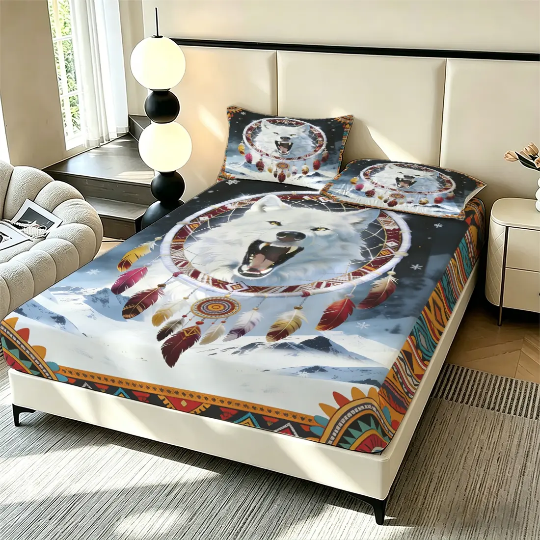 3pcs 3D Digital Print Dreamcatcher Roaring White Wolf Snowy Starry Boho Tribal Bedding Set, Soft Fitted Sheet Set No Fillers, Trendy Bed Sheet Set for Teens Bedroom, Dorm, Guest Room
